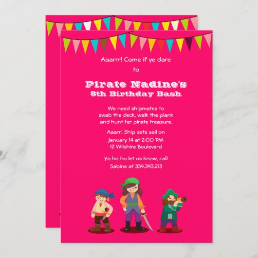 Roze Pirate Birthday Party Custom Invitation Kaart (Voorkant / Achterkant)
