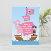 Roze Pirate Ship Birthday Invitation Kaart (Staand voorkant)