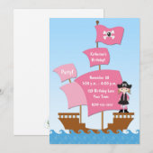 Roze Pirate Ship Birthday Invitation Kaart (Voorkant / Achterkant)