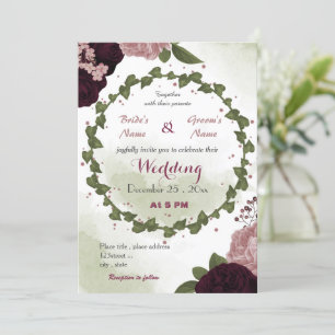 roze pit burgundy bloemen groen met bruine bruilof kaart