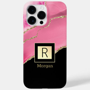 Roze plaat, naam & monogram, zwart & gouddoos Case-Mate iPhone 14 pro max hoesje