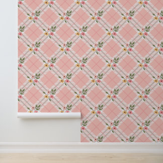 Roze Plaid Floral Wallpaper Behang