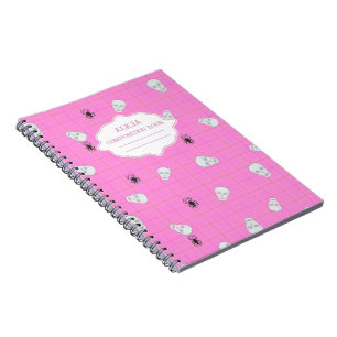 Roze plaid Halloween Skull & Spider gepersonalisee Notitieboek