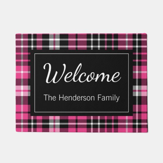 Roze Plaid Welkom Monogrammed Familienaam Deurmat (Voorkant)