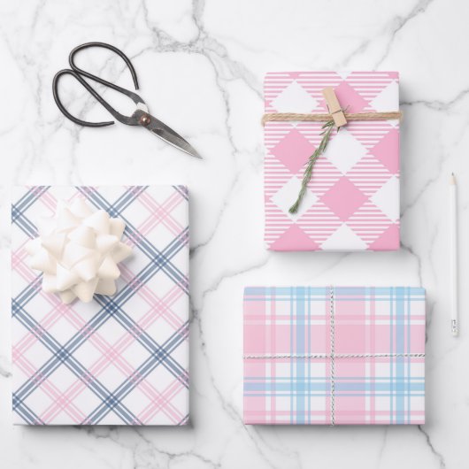 Roze Plaid Wrapping Paper Flat Sheet Set van 3 (Voorkant)