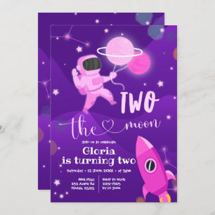 Roze Planet Space Twee: Moon Invitation Kaart