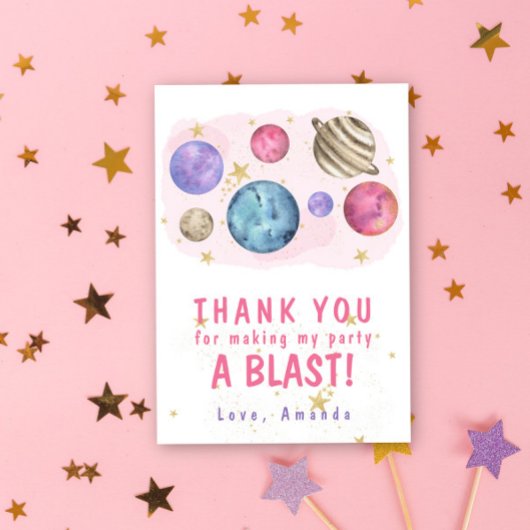 Roze Planeten Ruimte Verjaardagsfeest Bedankkaart
