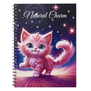 Roze pluizige schattige kat surrealistische blauwe notitieboek