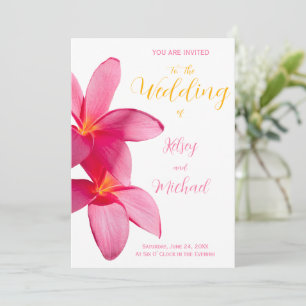 Roze Plumeria Bloemen, Tropisch, Bloemige Bruiloft Kaart