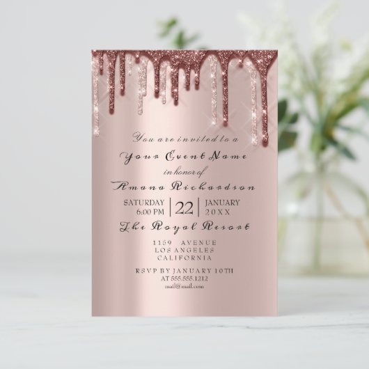 Roze Poeder Glitterende Drips BRIDAL 16TH Kaart (Staand voorkant)