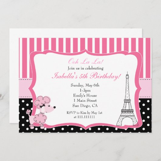 Roze poel in Paris Birthday Party Invitation Kaart (Voorkant / Achterkant)
