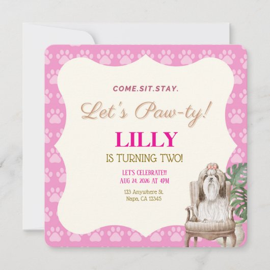 Roze Poes Hond Verjaardagsfeest Uitnodiging (Voorkant)