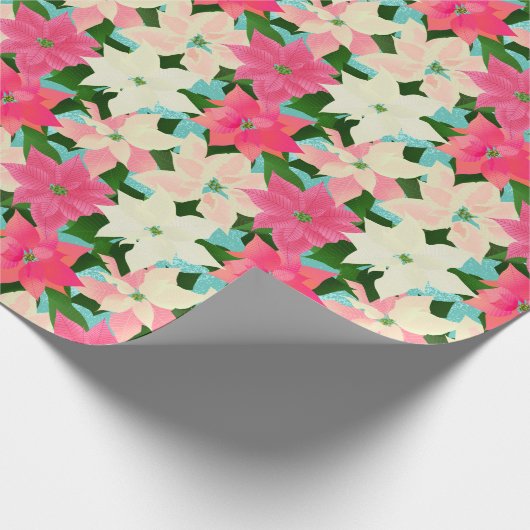 Roze Poinsettia Blauwgroen kerst Cadeaupapier (Hoek)
