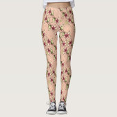 Roze Poinsettia Diagonaal Gestreept Kerstmis Leggings (Voorkant)