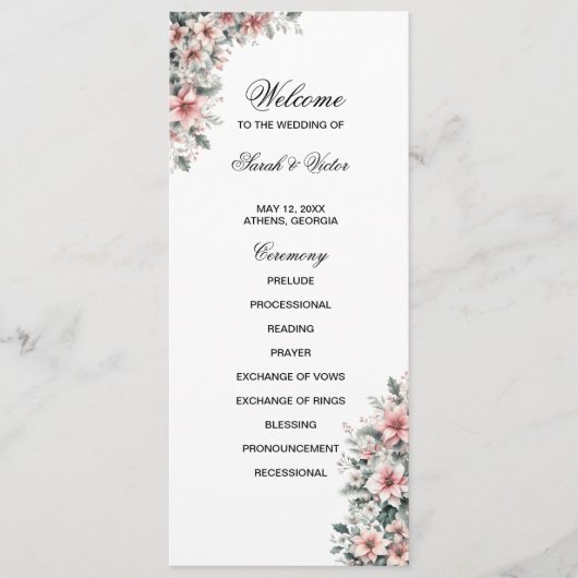 Roze Poinsettia dubbele zijprogrammakaart Programma (Voorkant)