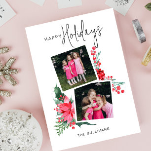 Roze Poinsettia & Holly 2-foto Drieluik Kaart