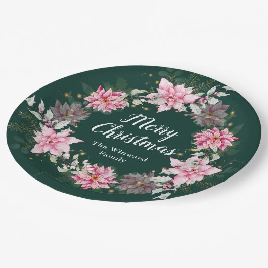 Roze Poinsettia Krans Vrolijk Kerstfeest Papieren Bordje (Gekanteld)