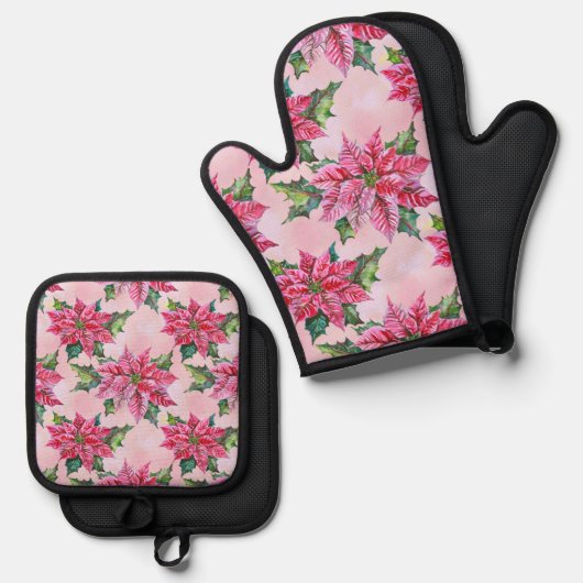 Roze Poinsettia Ovenwant & Pannenlap Set (Voorkant / Achterkant)