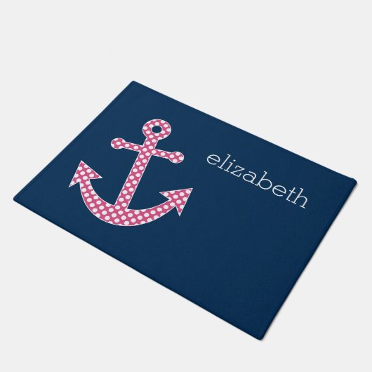 Roze poka Dot Anchor met Navy Custom Name Deurmat (Schuin)