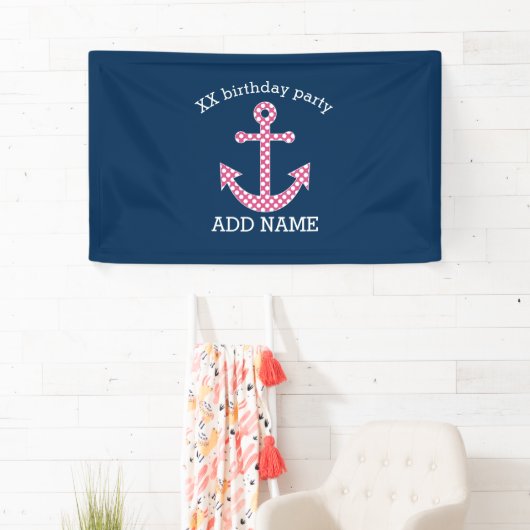 Roze poka Dot Anchor met Navy Custom Name Spandoek (Insitu)