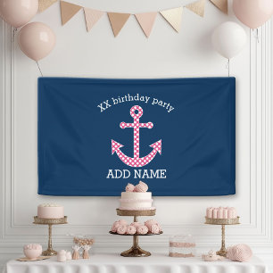 Roze poka Dot Anchor met Navy Custom Name Spandoek