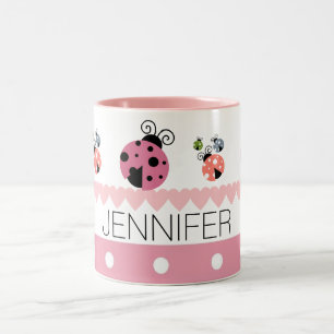Roze poka Dot Heart Ladybug Aangepaste naam Tweekleurige Koffiemok