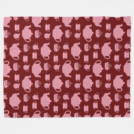 Roze poka Dot Tea set on Burgundy Pattern Fleece Deken (Voorkant (Horizontaal))