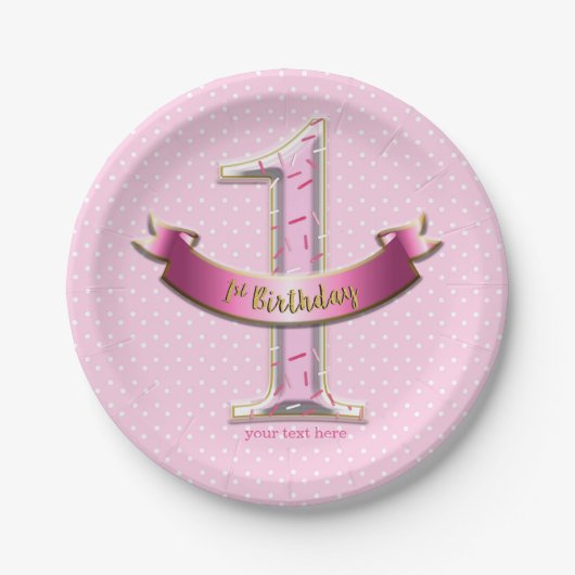 Roze poka Dots & Banner ONE 1st 1 Birthday Party Papieren Bordje (Voorkant)