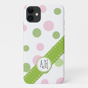 Roze poka Dots, Green Polka Dots, Monogram iPhone 11 Hoesje