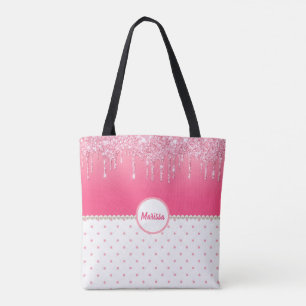 Roze poka Dots & Silver Glitter Drips Monogramed Draagtas