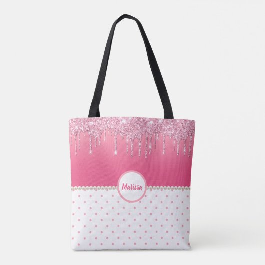 Roze poka Dots & Silver Glitter Drips Monogramed Draagtas (Achterkant)
