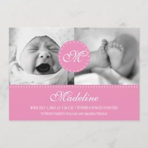Roze pokadot met monogram geboorteaankondiging aankondiging