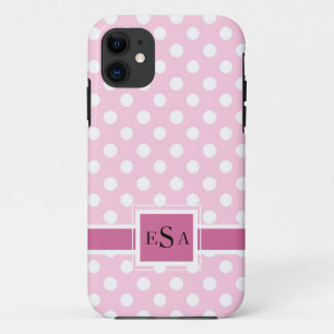 Roze pokadot Monogram Cute Modern iPhone 11 Hoesje