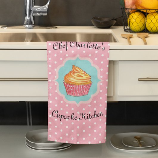 Roze Polka Dot Cupcake Keuken Gepersonaliseerd Theedoek