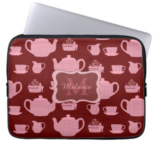 Roze Polka Dot Tea Set Burgundy Persoonlijk Laptop Sleeve
