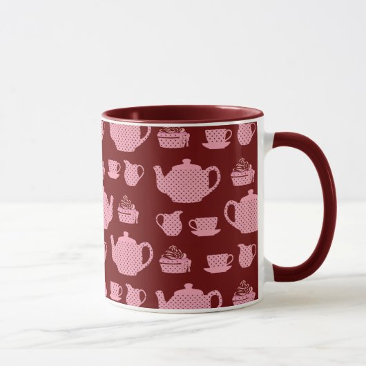 Roze Polka Dot Tea set on Burgundy Mok (Rechts)