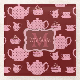 Roze Polka Dot Tea set on Burgundy Personalized Glazen Onderzetter