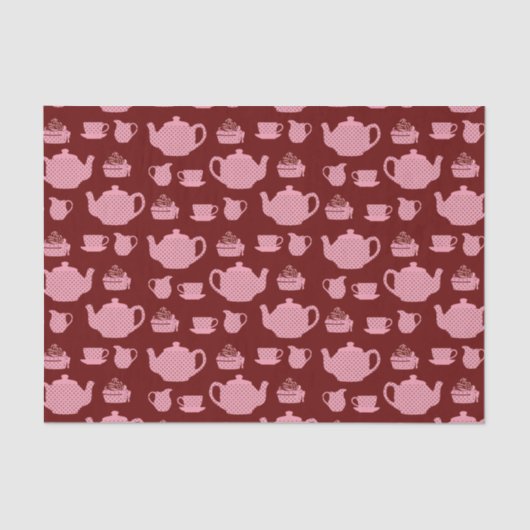 Roze Polka Dot Tea set on Burgundy Tissuepapier (Voorkant)