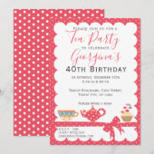 roze Polka Dot Verjaardag Tea Party Kaart (Voorkant / Achterkant)