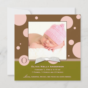 Roze Polka Dots Monogram Baby Meisje Foto Geboorte Aankondiging