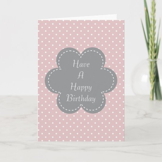 Roze Polka Dots Verjaardag Grijze Bloem Kaart (Voorkant)