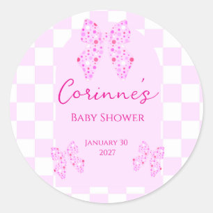 Roze polka stip linten gingham geruite baby shower ronde sticker
