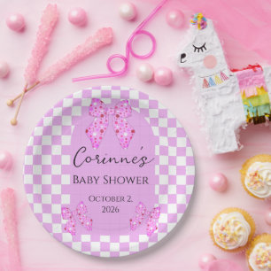 Roze polka stip lintjes gingham geruit baby shower papieren bordje