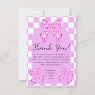 Roze polka stip lintjes gingham geruite baby showe bedankkaart