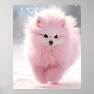 Roze Pomeranian in de sneeuw Poster
