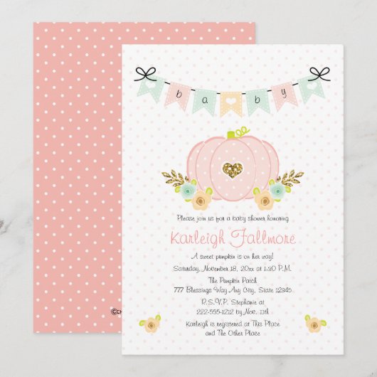 Roze pomkin Baby Girl Shower Invitations Kaart (Voorkant / Achterkant)