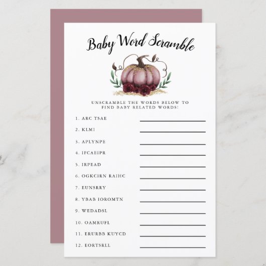 Roze pomkin Baby Word Scramble Game (Voorkant / Achterkant)