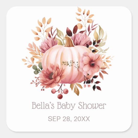 Roze pomkin Floral Baby shower Vierkante Sticker (Voorkant)