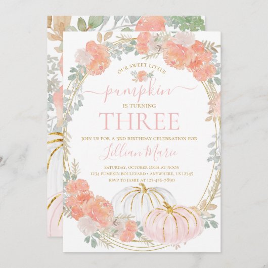 Roze pomkin Herfst Birthday Uitnodiging (Voorkant / Achterkant)