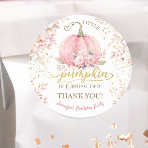 Roze Pompoen Bloemen Goud Glitter Meisje 2e Verjaa Ronde Sticker